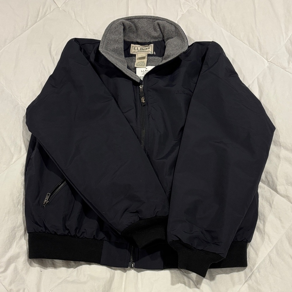 L.L. Bean black Bomber Jacket with Gray Fleece Collar